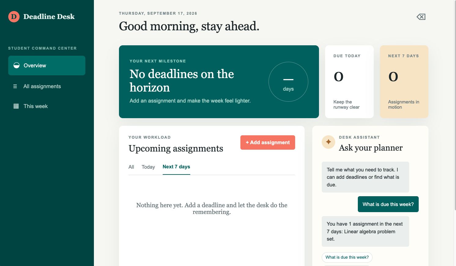 Agentic Assignment Deadline Tracker interface screenshot